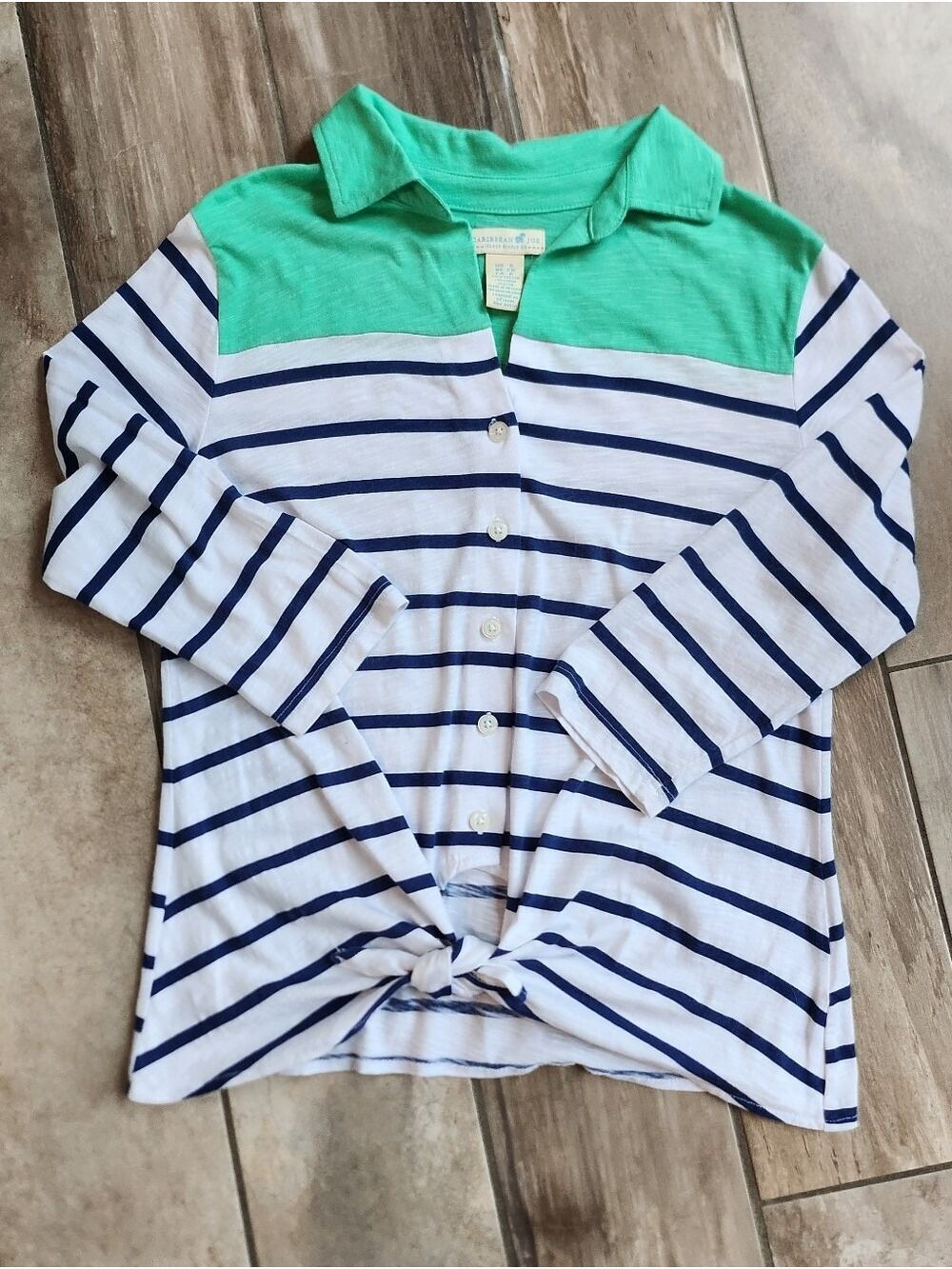 Caribbean Joe White & Navy Striped Button-Front Top with Mint Green Yoke